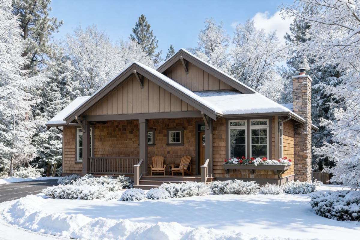 A snow-covered cabin with wooden shingles, porch, and a stone chimney stands surrounded by snow-laden trees under a bright blue sky.
