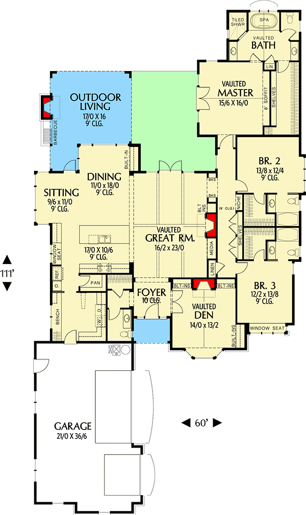 Plan 69084AM: Cottage-Inspired Facade - Floor Plan - Main Level - European, French Country, Northwest, Traditional
