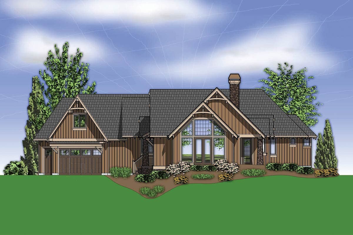 House plan exterior: Craftsman style, one story, with prominent gables, stone chimney, and large front windows.