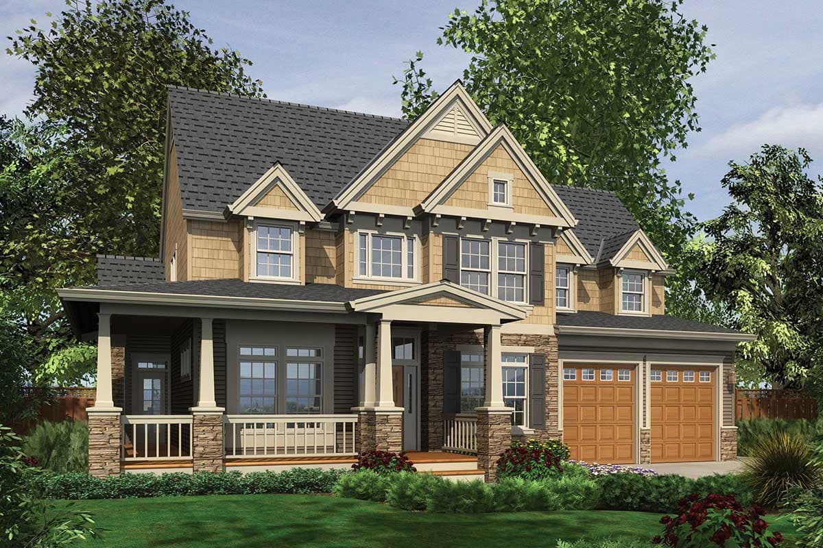 House plan exterior, two-story modern farmhouse with wraparound porch, gables, dormers, and a three-car garage.