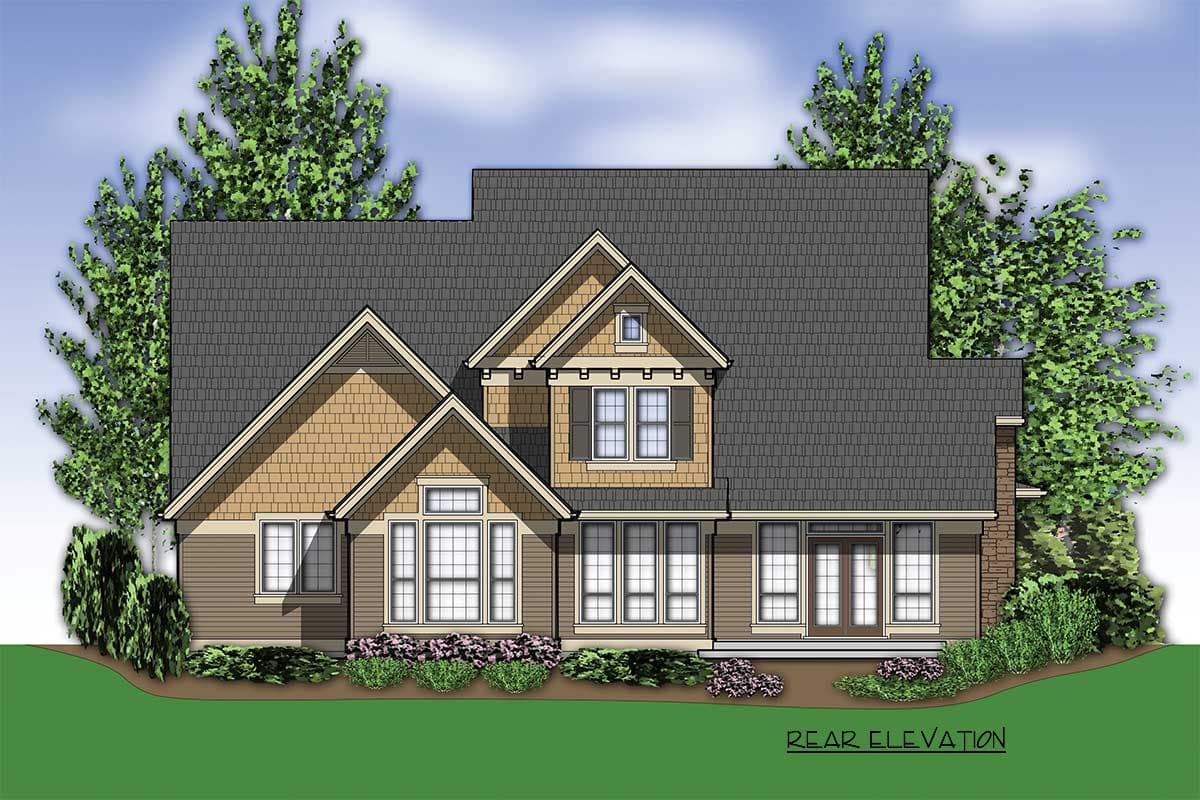 Rear elevation house plan, two stories, with gables, dormer, and wide front entry porch.
