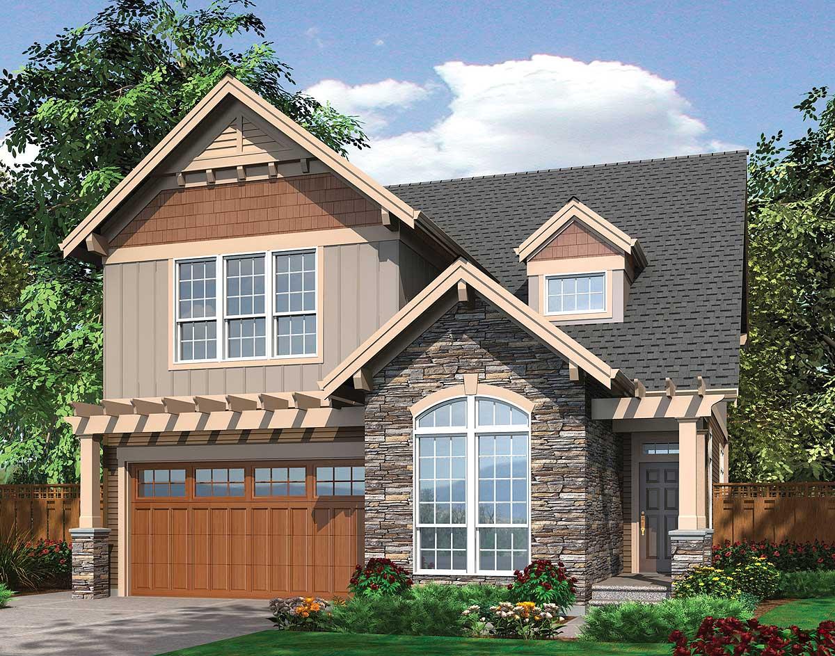 House plan exterior: Two-story Craftsman style with stone facade, dormer, gabled roof, and attached garage.