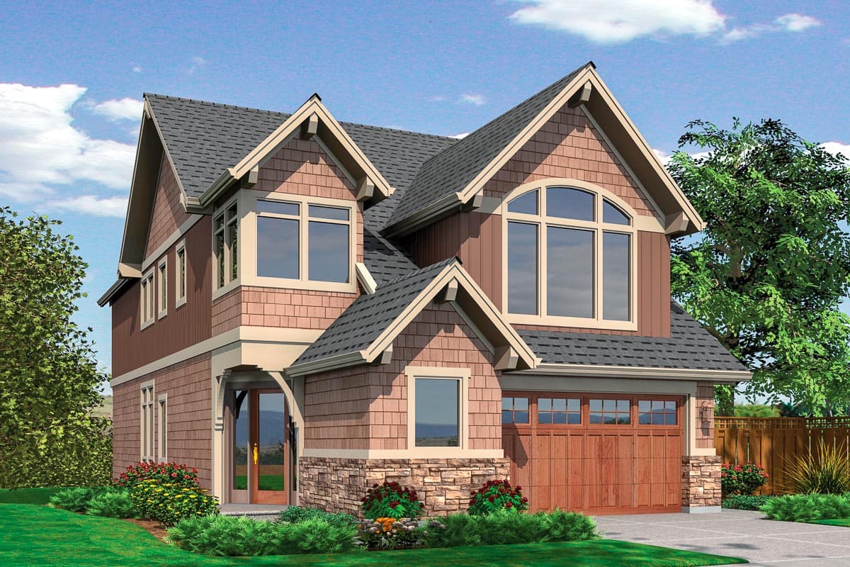 House plan exterior: two-story home with prominent gables, a stone foundation, arched dormer window, and wood garage door.