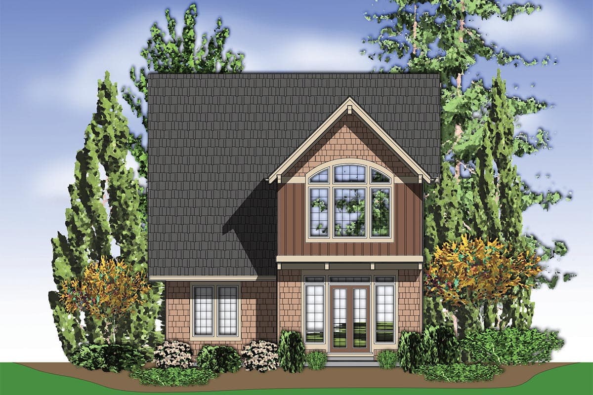 Two-story house plan exterior with shingle siding, prominent gables, arched dormer window, and double front doors.