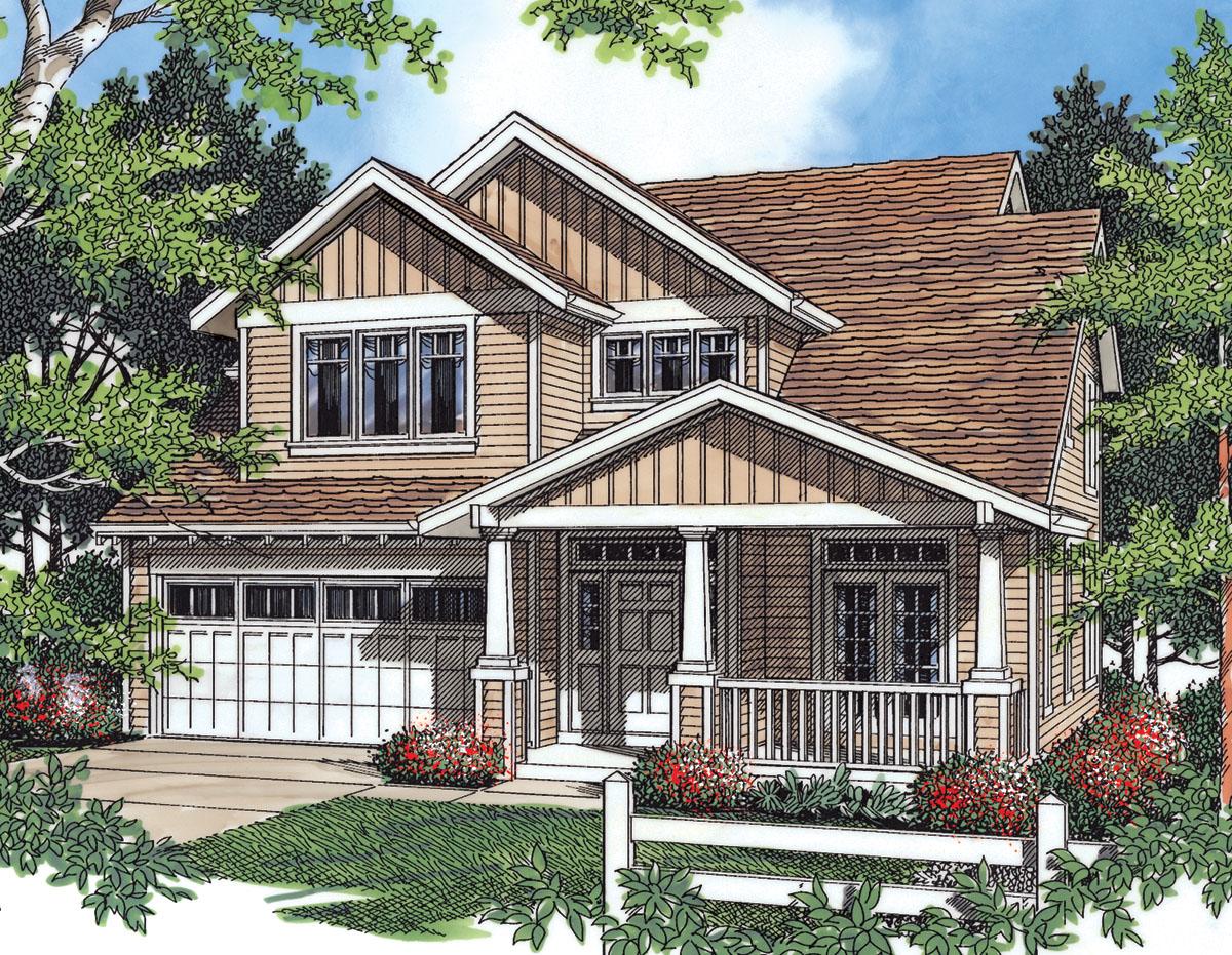 Craftsman house plan exterior, two stories, featuring a covered front porch, gabled dormers, and an attached garage.