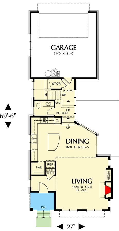 Plan 69090AM: Unique 2 Story Narrow Lot Plan - Floor Plan - Main Level - Craftsman, Northwest