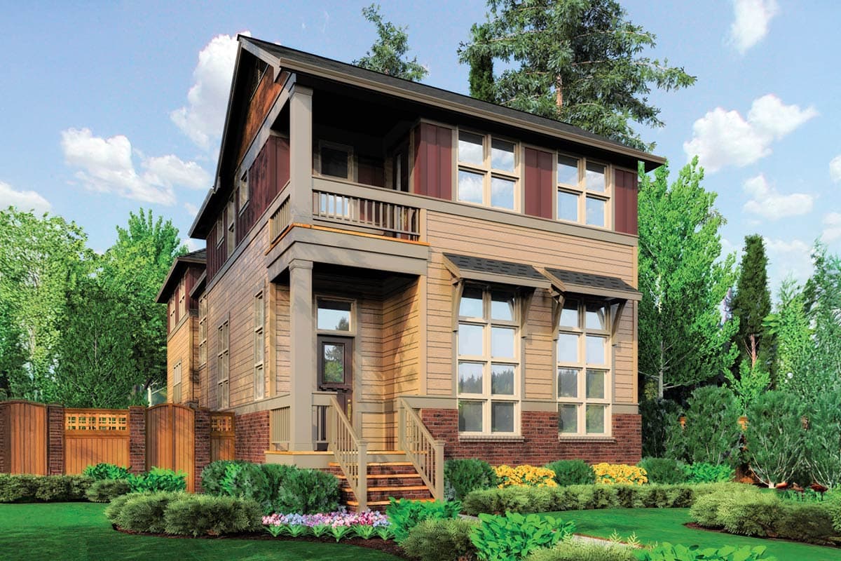 Craftsman style house plan exterior with two stories, a covered front porch, gables, and lap siding.