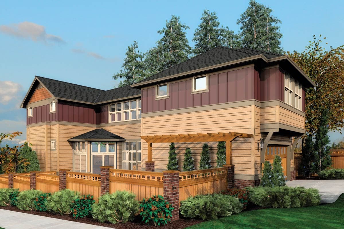 Modern house plan exterior with two stories, a bay window, hip roof, and attached garage.