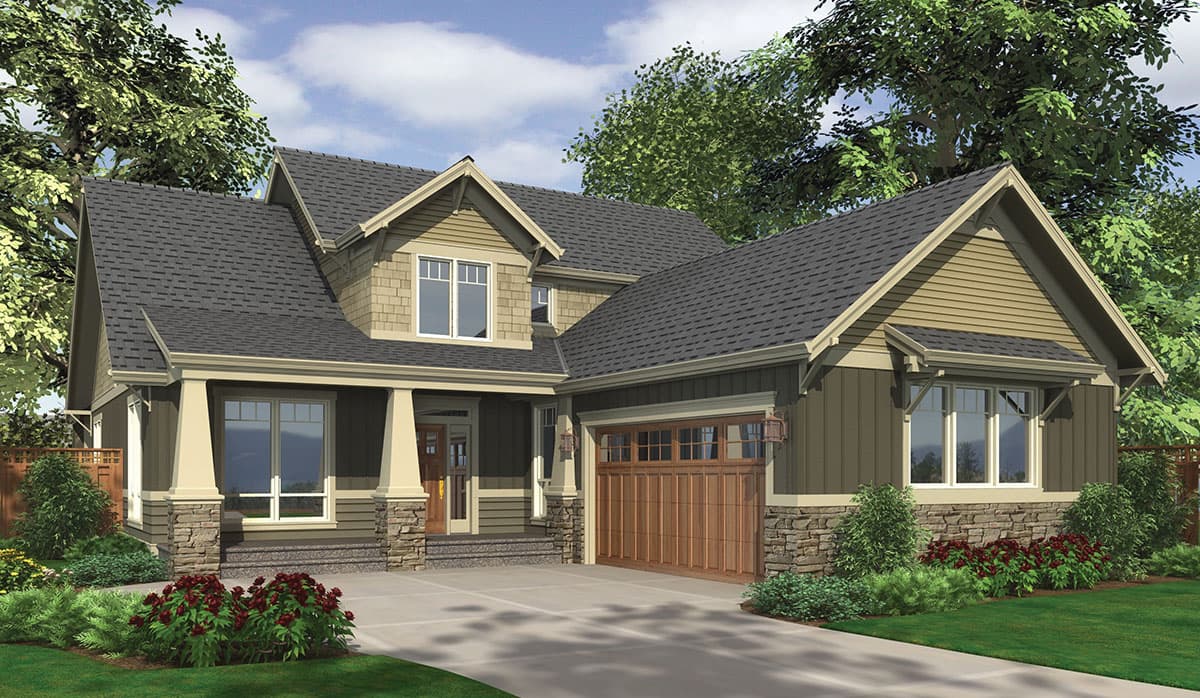 House plan exterior featuring a covered front porch with stone-clad columns, multiple gables, and a side-entry garage.