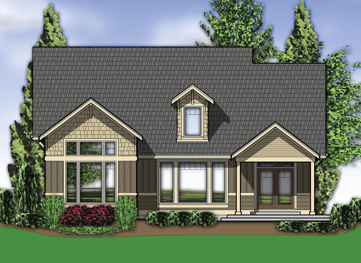 House plan exterior with dormer, gables, bay windows, and covered entry porch.