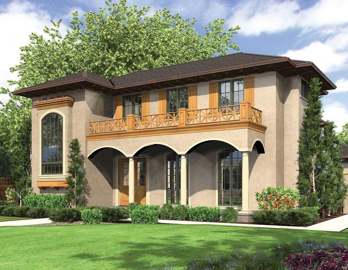 House plan exterior: Two-story home with arched loggia, second-story balcony, and large arched window.