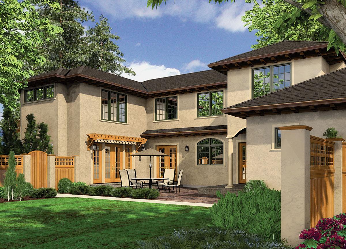 House plan exterior shows a stucco two-story residence with a tile roof, arched window, and a wooden pergola over double doors.