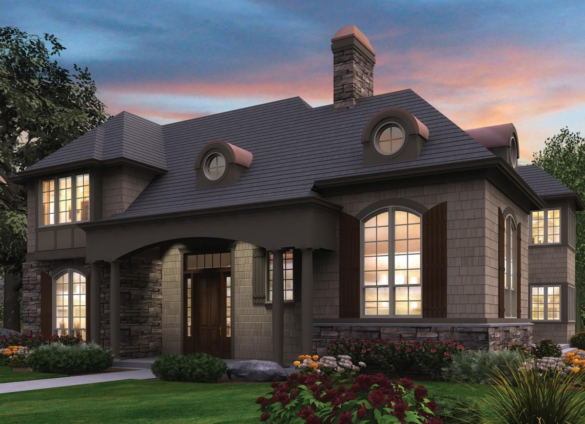 House plan exterior featuring arched windows, stone base, dormers, and a prominent chimney.
