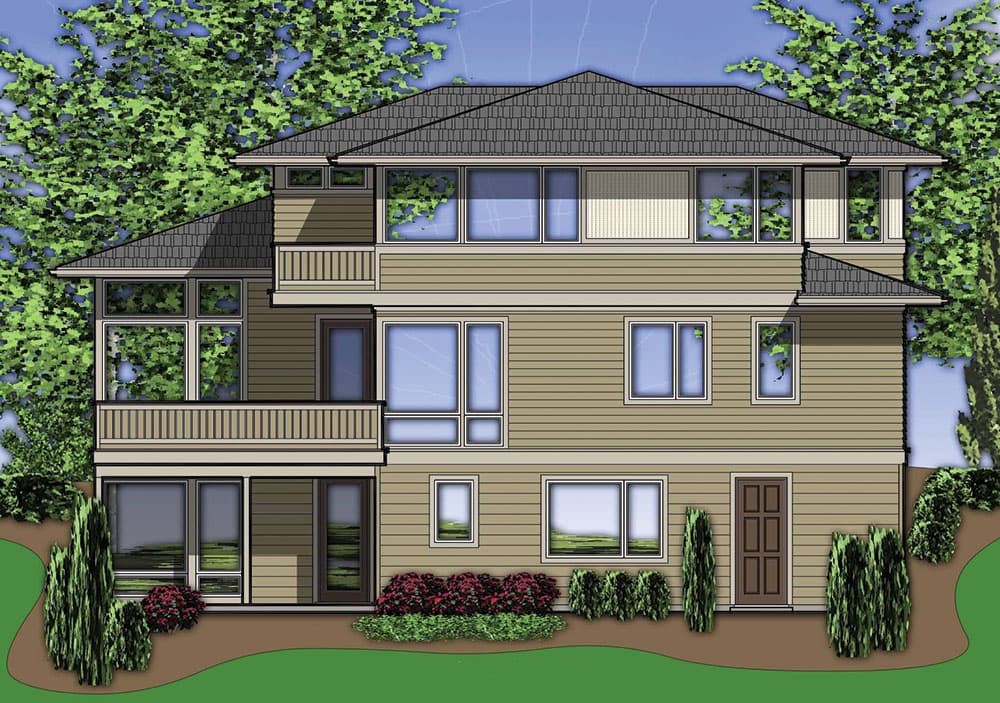 House plan exterior, three stories, with layered rooflines, multiple balconies, and a variety of window configurations.