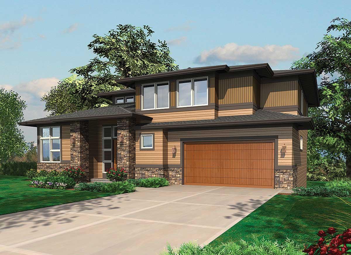 Modern house plan exterior with stone accents, wide garage door, and multiple stacked rooflines.