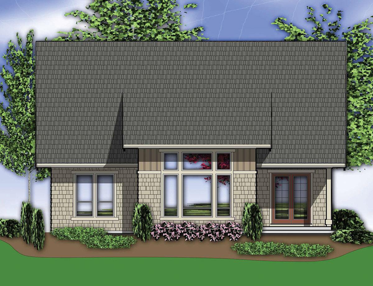 House plan exterior: One-story home with shingle siding, hip roof, central multi-pane window, and double-door entry.