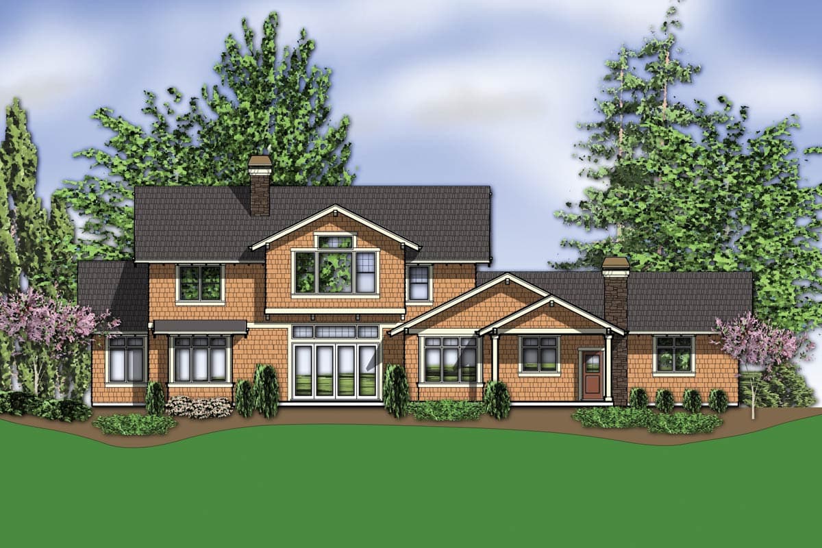 House plan exterior of a two-story home with shingle siding, multiple gables, large windows, and a covered entry.
