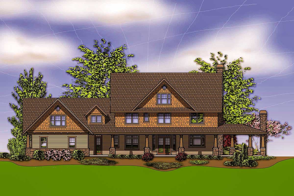 Craftsman house plan exterior with wrap-around porch, multiple gables, and shingle siding.