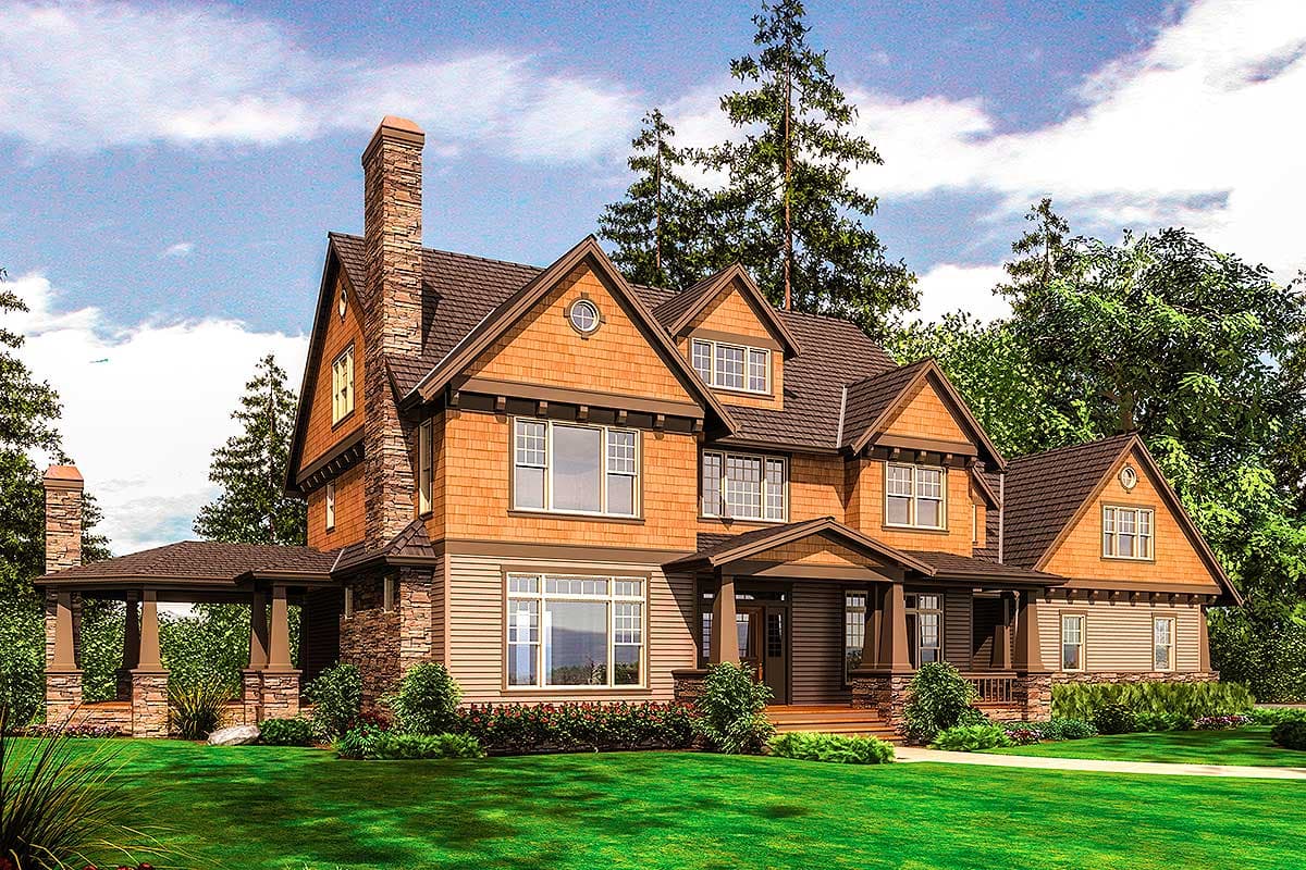 Craftsman style house plan exterior with stone chimney, shingle siding, multiple gables, and covered porch.