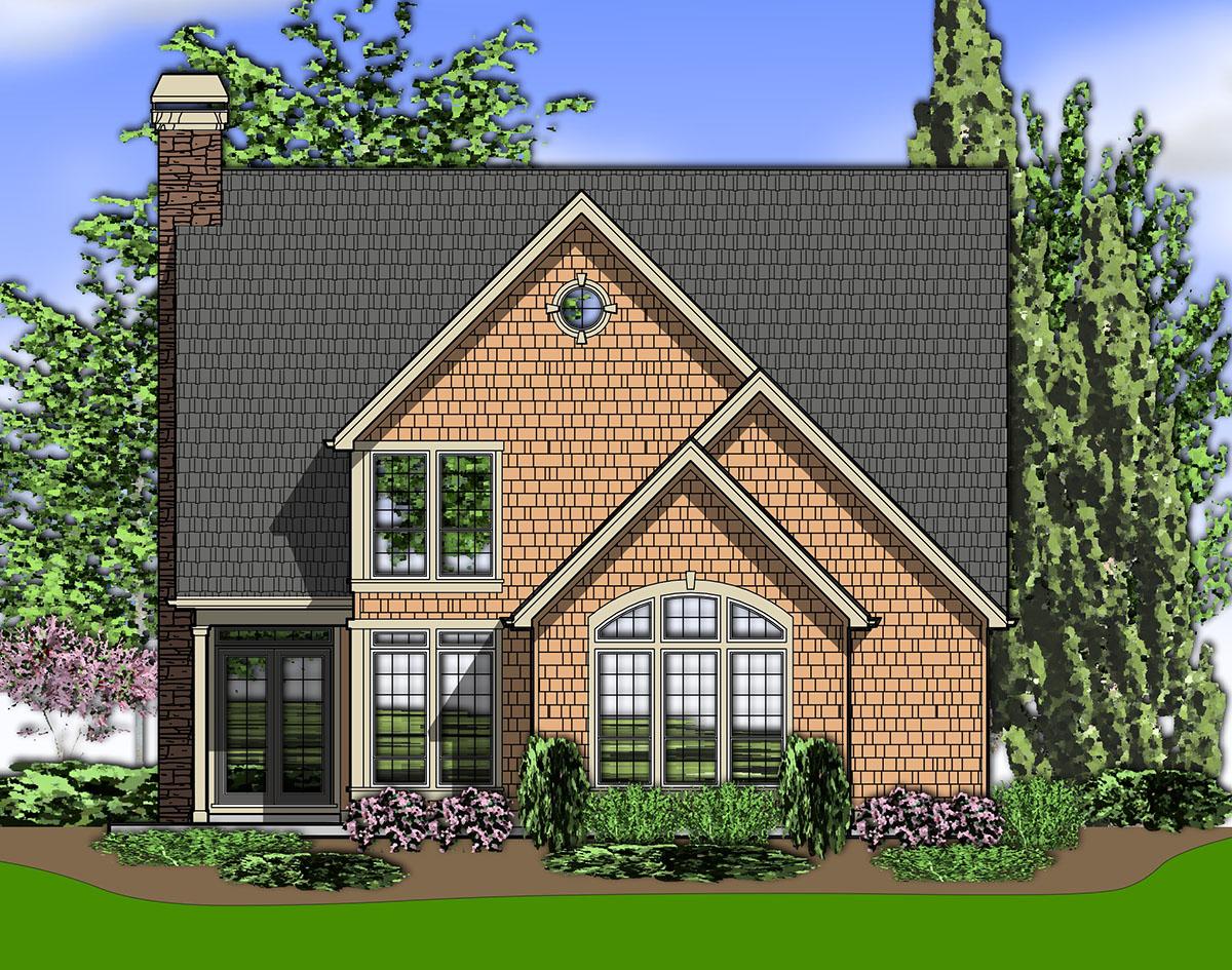 House plan exterior showing a two-story home with shingle siding, brick chimney, gabled rooflines, a circular dormer, and an arched window.
