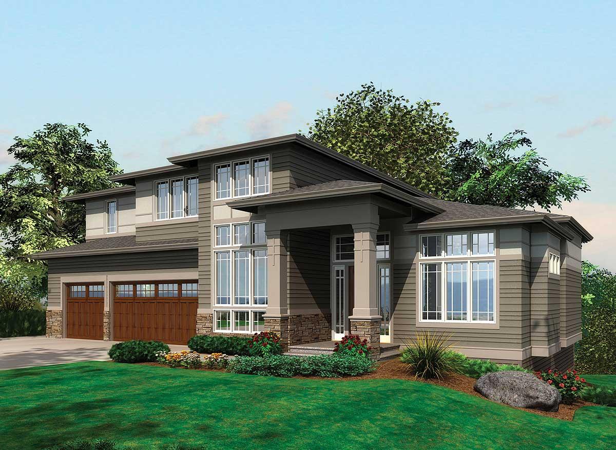 House plan exterior: two-story modern home with a covered entry, large windows, stone accents, and a three-car garage.