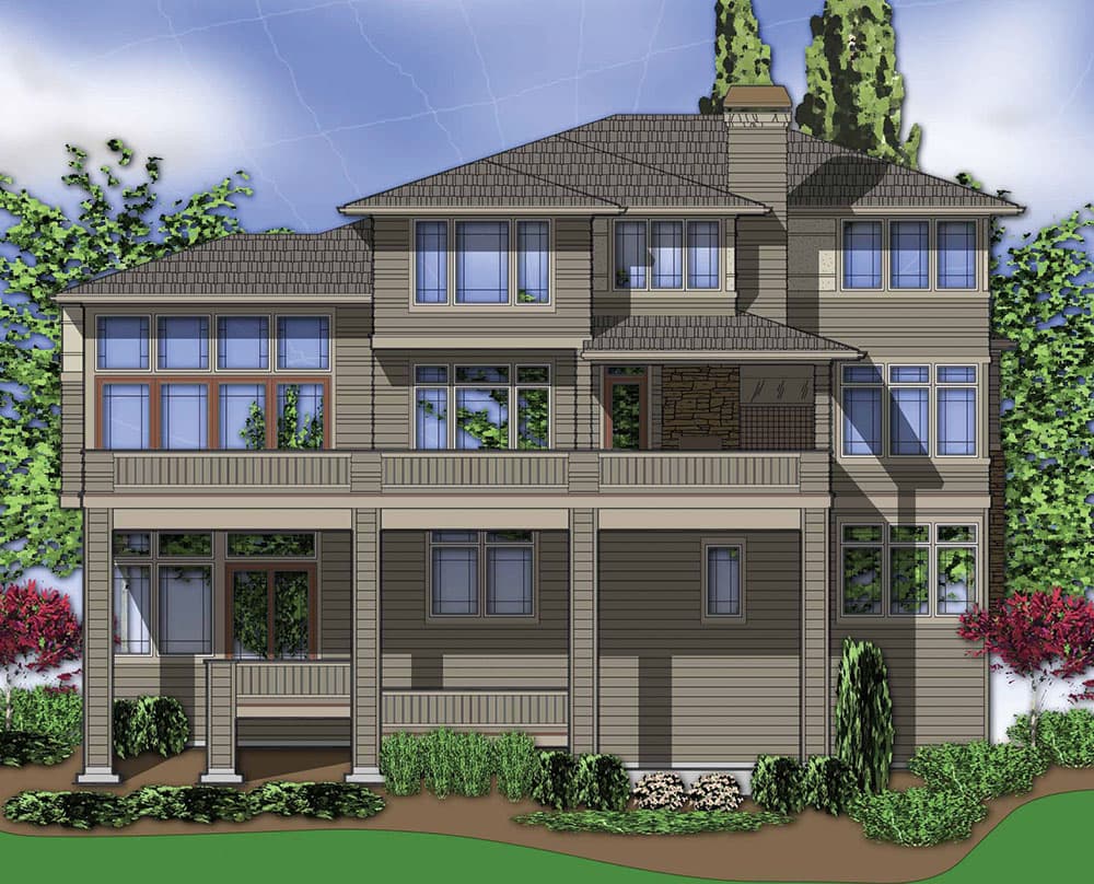 House plan exterior: Three-story home with multiple balconies, stone accents, and a prominent gabled roofline.