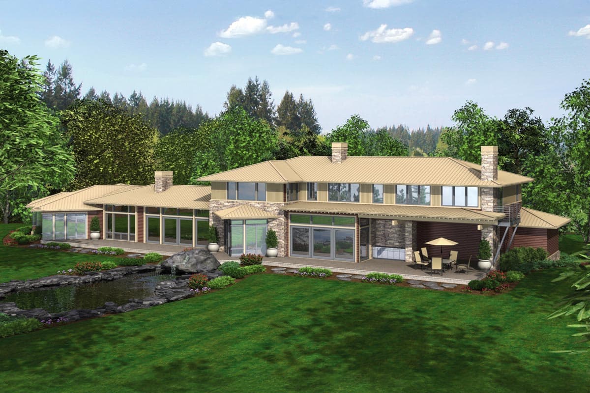 House plan exterior: Modern, two-story residence with stone accents, metal roof, expansive windows, and covered patio.