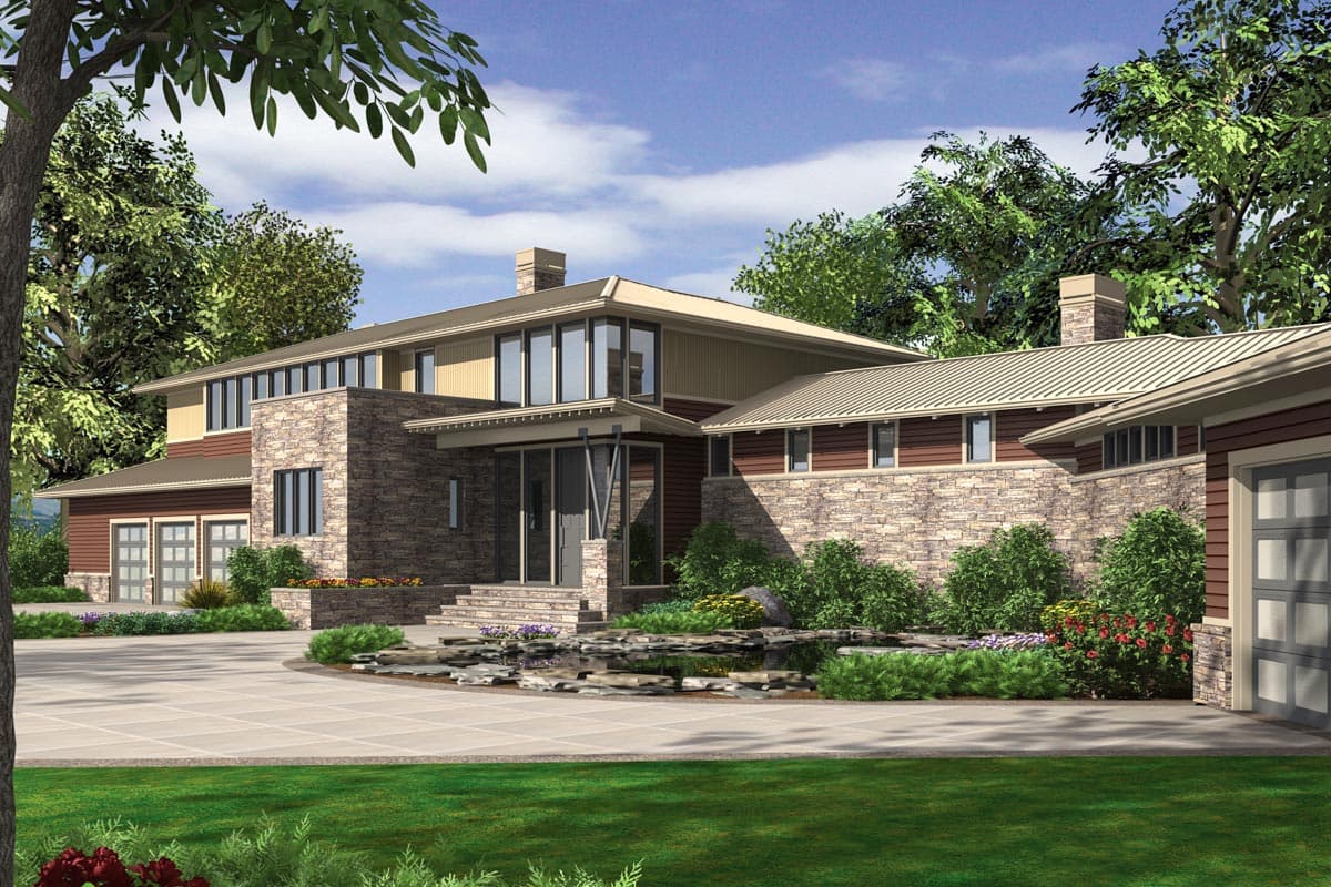 House plan exterior: Modern two-story residence with stone and wood siding, flat rooflines, and a three-car garage.