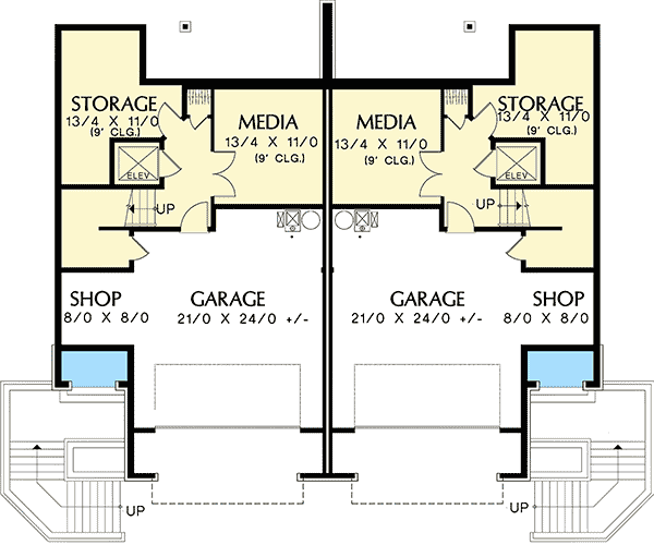 Plan 69111AM: Hillside Prairie Multi-Family Home Plan Duplex - Floor Plan - Lower Level - Contemporary, Northwest, Prairie