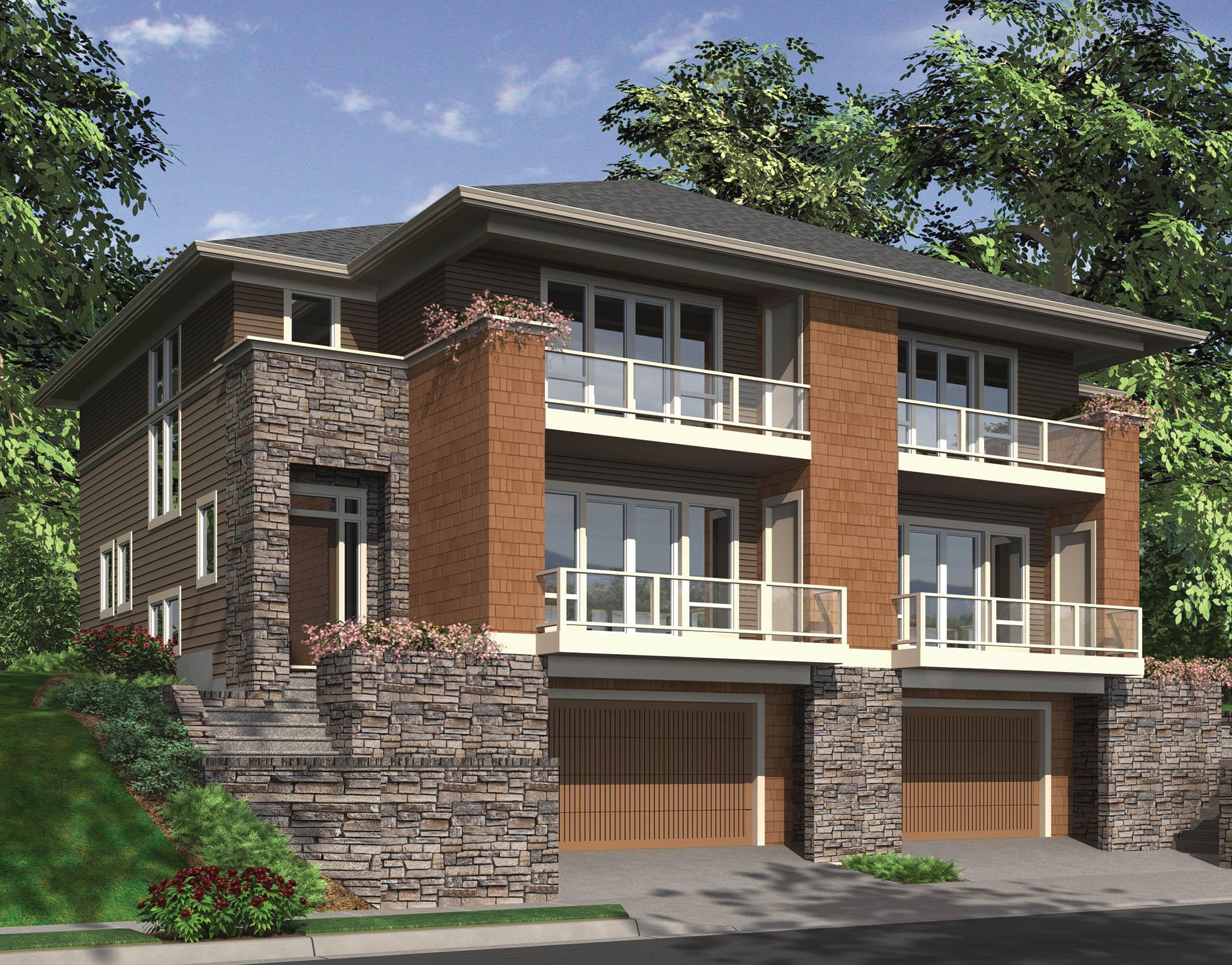 Modern house plan exterior with stone and wood siding, multiple balconies, and a two-car garage.