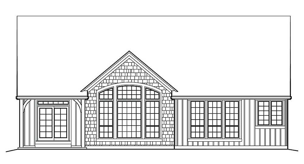 House plan exterior, one story with arched central window, shingle gables, and double door entry.