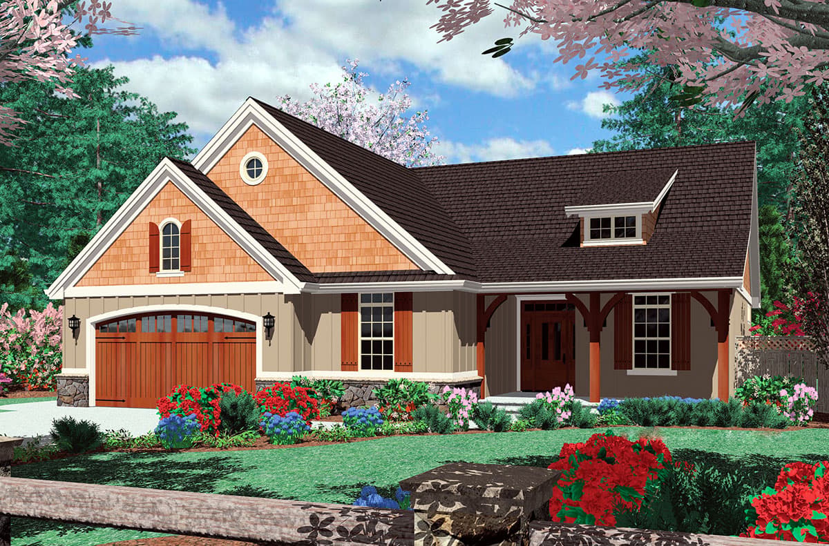Craftsman house plan exterior with gabled dormers, shingle accents, arched garage door, and covered entry with timber supports.