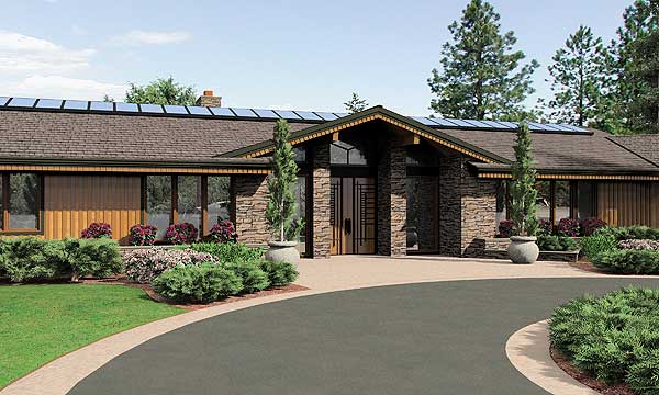 House plan exterior, single story, stone entrance with large windows, gabled roof, and solar panels.