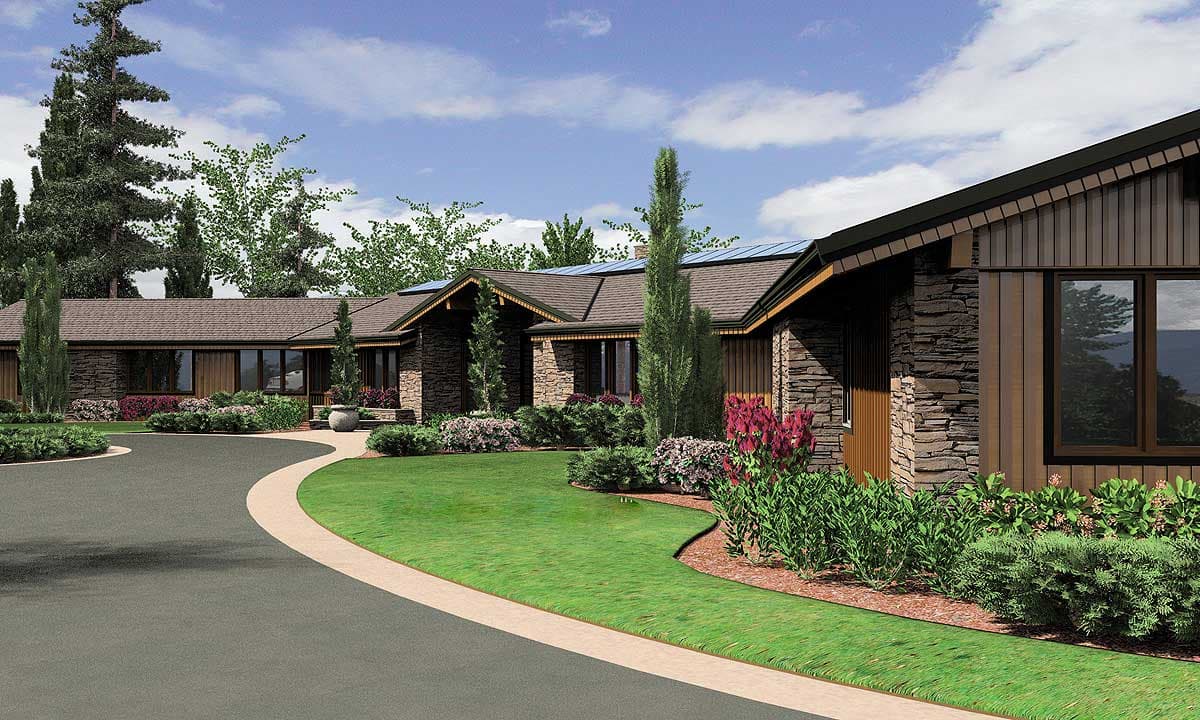 House plan exterior features stone and wood siding, a low-pitched roof, and prominent gables.