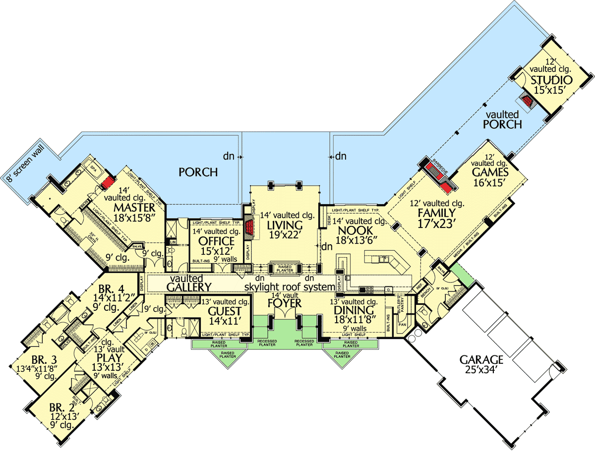 Plan 69114AM: Unique X-Shaped House Plan with Private Studio Space - Floor Plan - Main Level - Mid Century Modern, Modern, Northwest, Prairie, Ranch