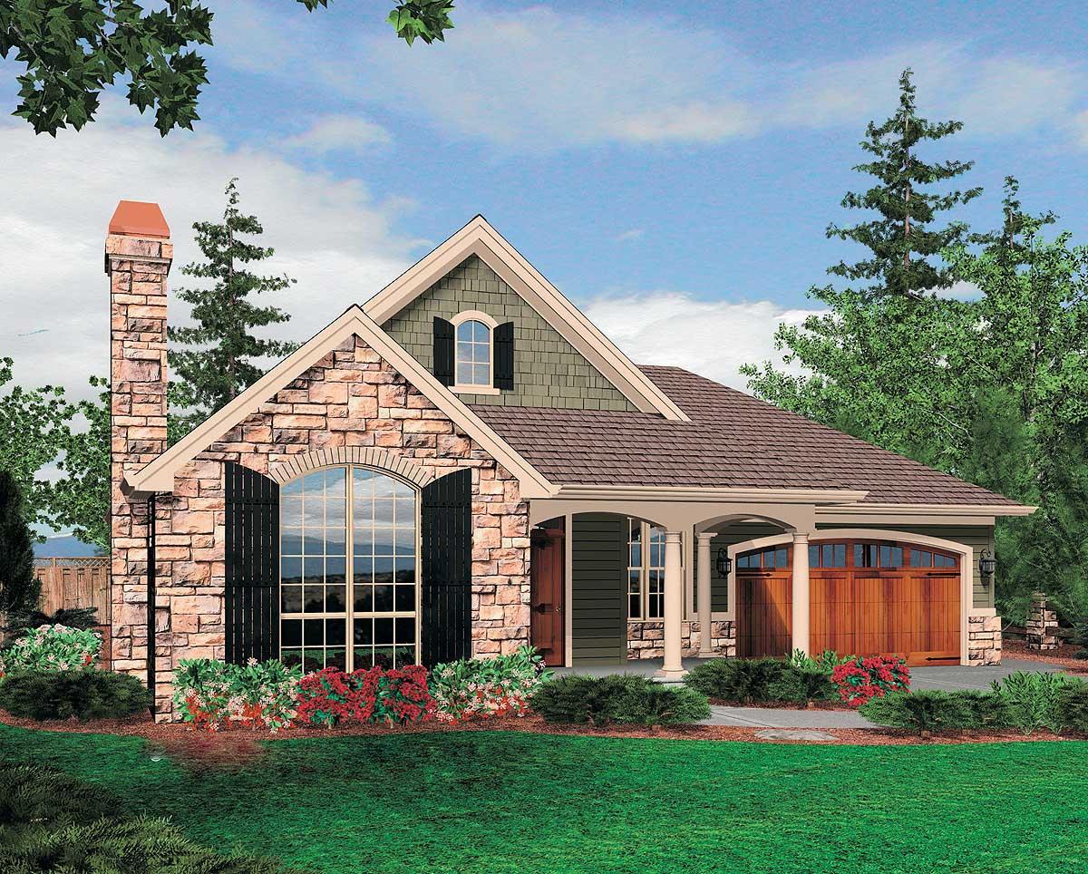 House plan exterior: Stone and shingle facade, arched window with shutters, covered porch, and wood garage door.