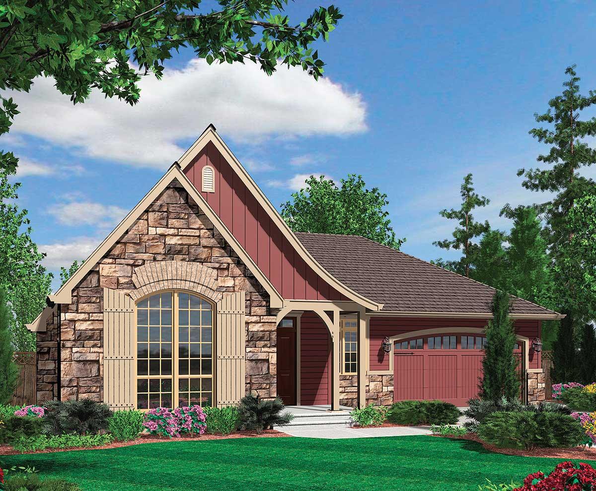 House plan exterior: stone and siding accents, arched window with shutters, prominent gable, covered entry, and two-car garage.