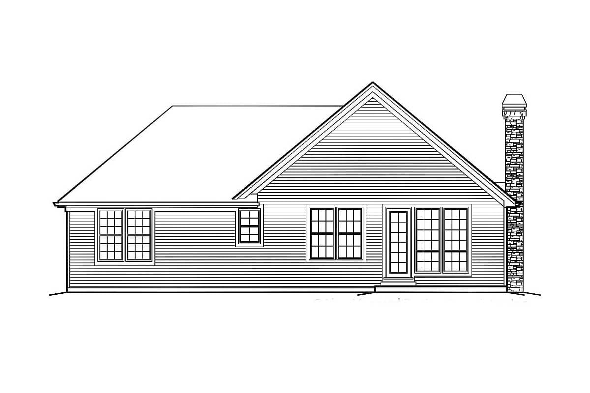 House plan exterior: One-story residence with a prominent gabled roofline, horizontal siding, multiple windows, and a stone chimney.