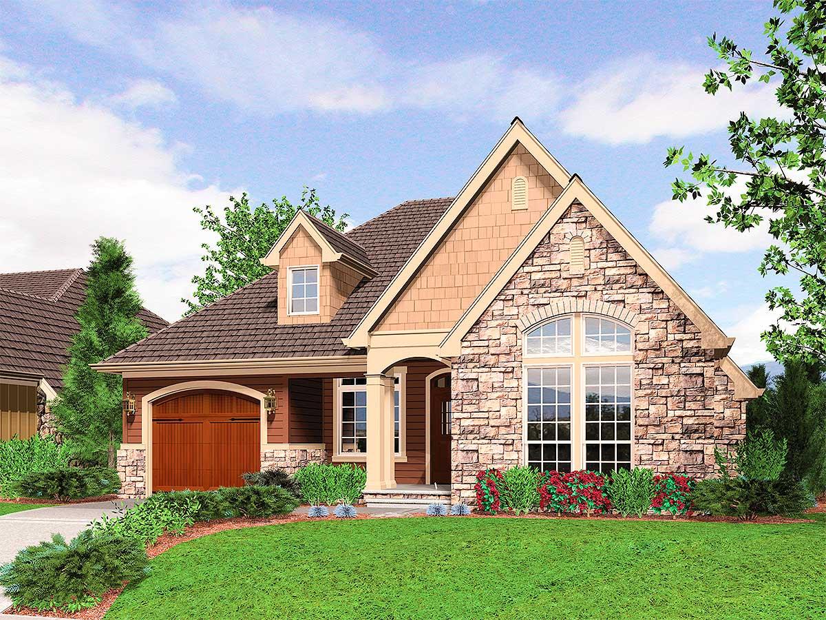 House plan exterior: one-story home with stone gable, arched window, dormer, and wood garage door.