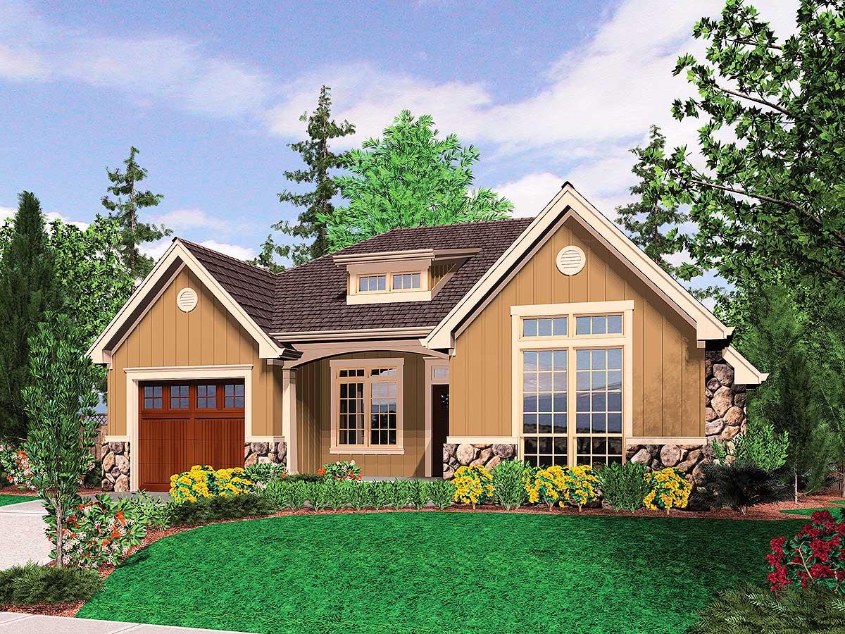House plan exterior: Single-story home with gabled roof, dormer, stone accents, and attached garage with wooden door.