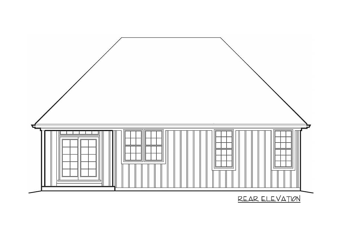 Rear elevation drawing of a house plan featuring a prominent hip roof, double doors, and three multi-pane windows.