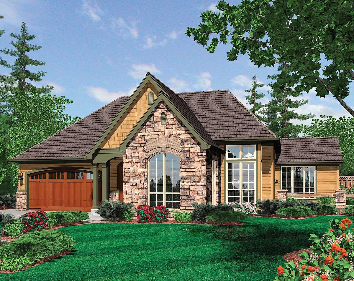 House plan exterior: One-story home with stone facade, arched window, shingle gable, and attached two-car garage.