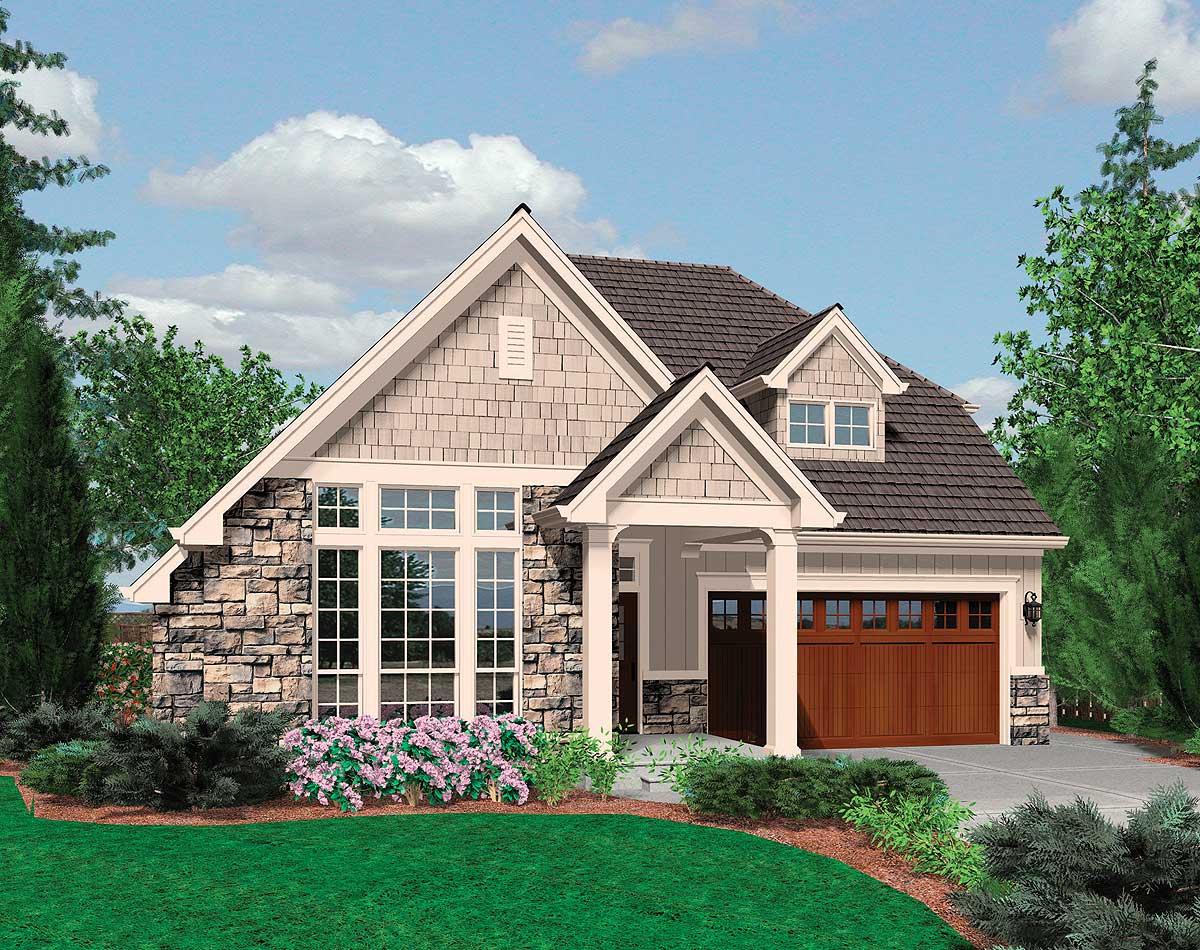 Craftsman style house plan exterior, two stories, stone accents, front-facing garage with wood door, and dormer.
