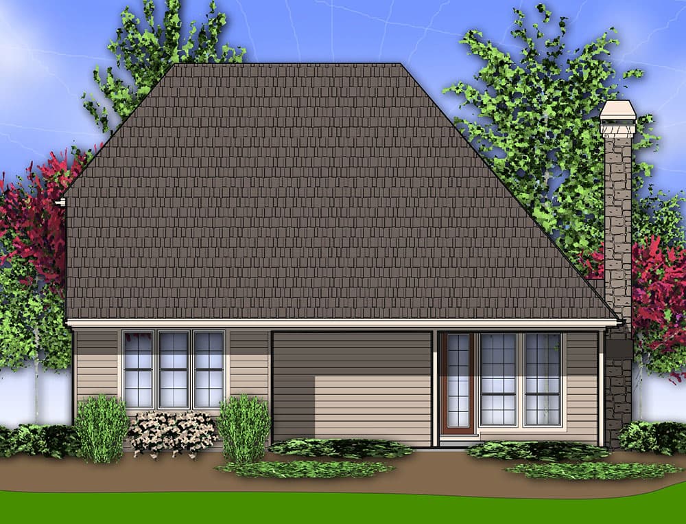 House plan exterior showing a steeply pitched roof, brick chimney, and a side-facing entrance with multiple windows.