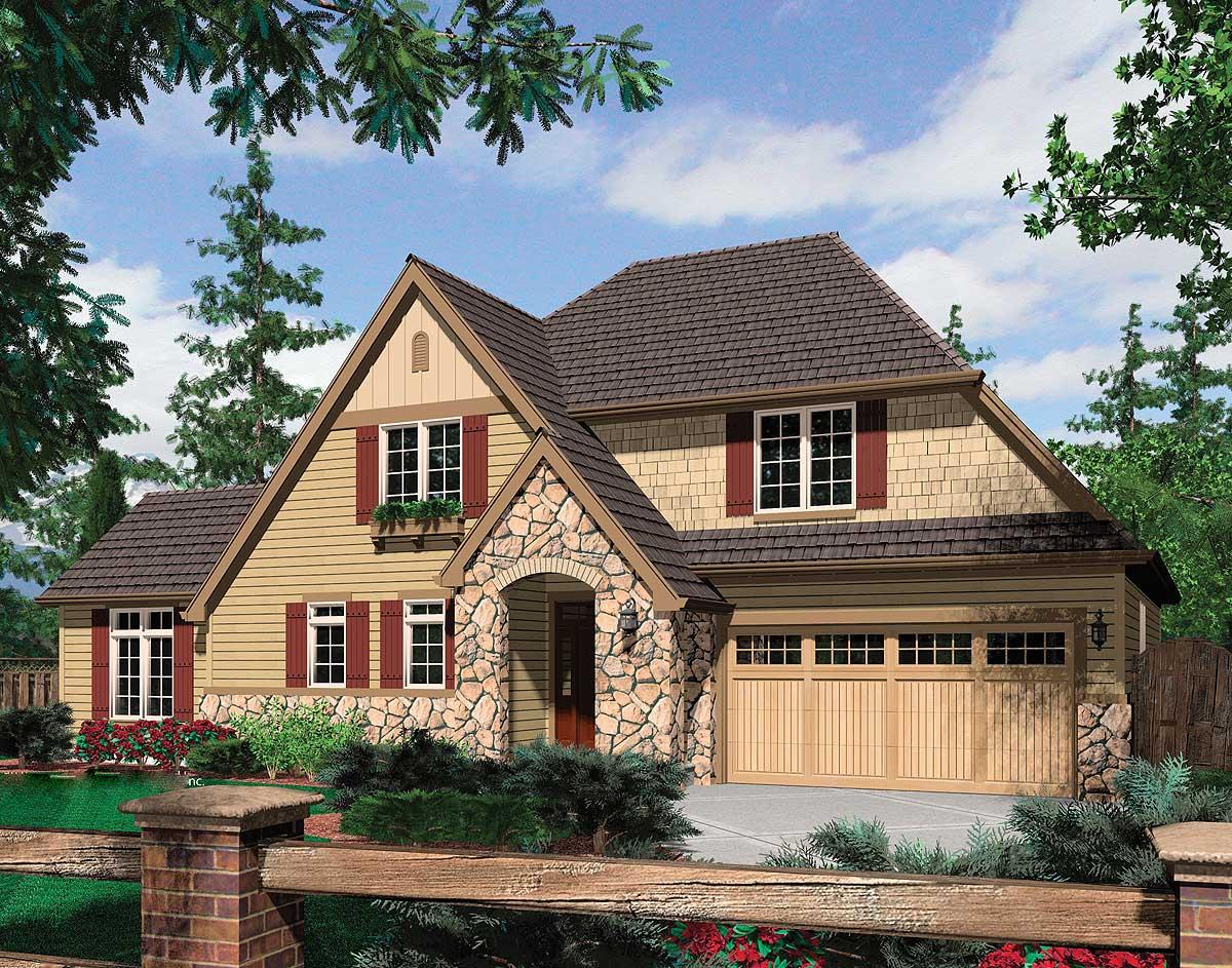 House plan exterior: Two-story home with stone-accented archway, beige siding, gable dormer, and double garage door.