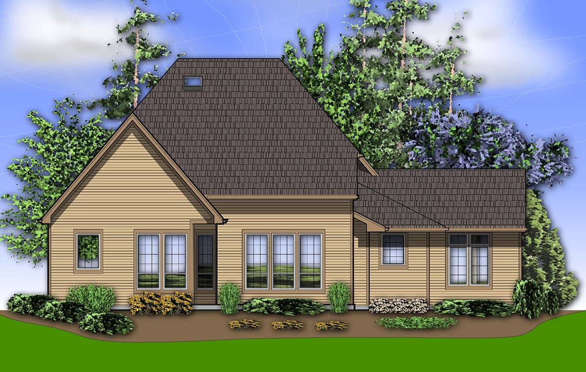 House plan exterior featuring horizontal siding, a prominent gable end, multiple windows, and a dark asphalt shingle roof with a dormer.
