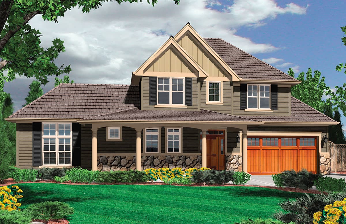 House plan exterior: Two-story home with gabled dormers, covered front porch with stone accents, and wood garage door.