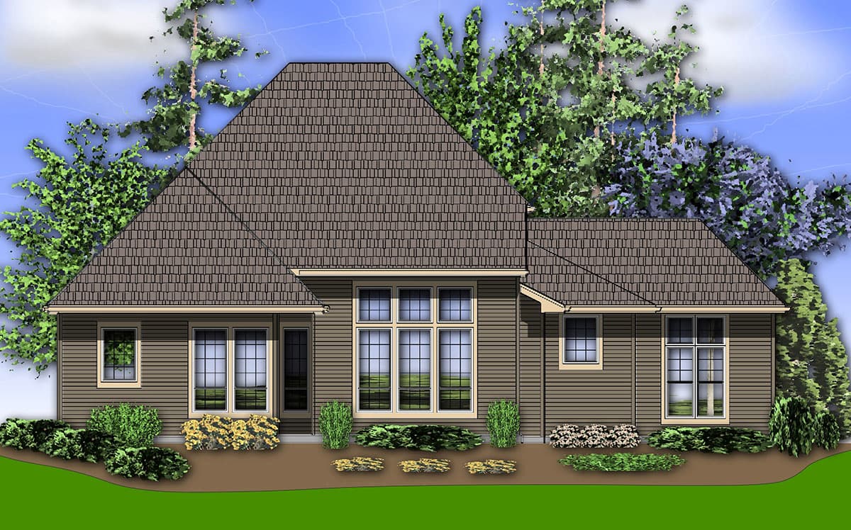 House plan exterior view. One-story home with a prominent hipped roof, wide windows, and horizontal siding.