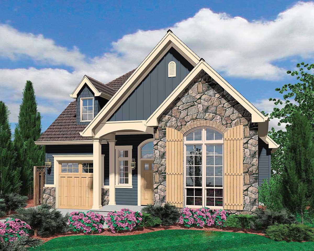 House plan exterior: Two-story home with stone accent, gabled dormer, covered porch, and side-facing garage.