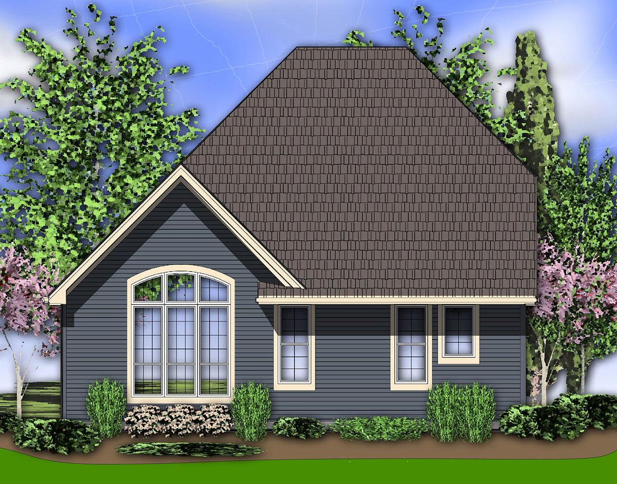 House plan exterior with a prominent arched window and a large gable roof. Features clapboard siding and landscape.